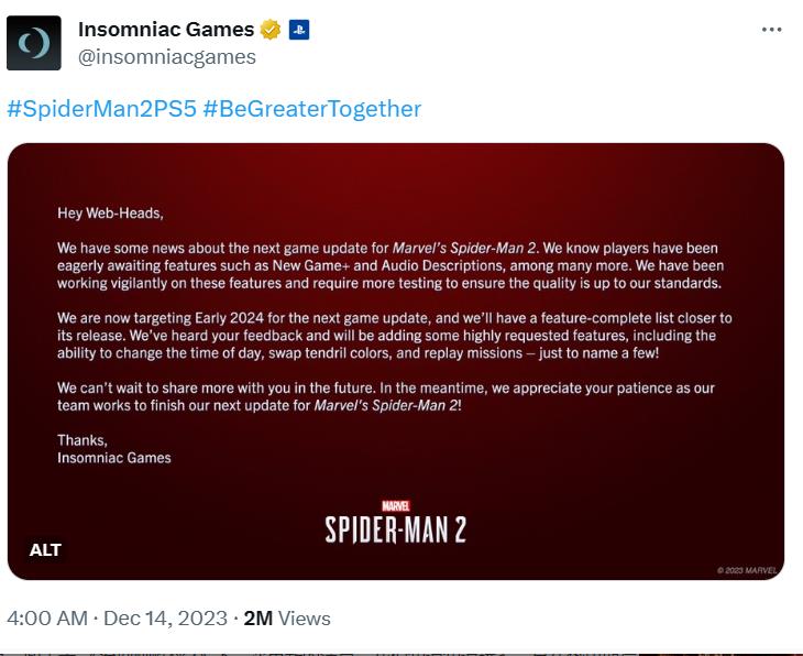 漫威蜘蛛侠2新游戏+模式延期至2024年初